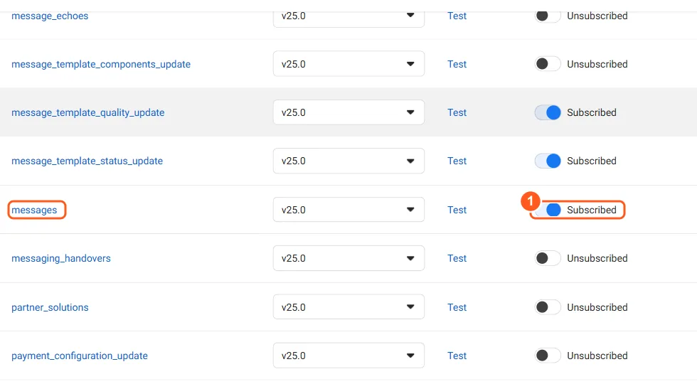 רשימת שדות ה-Webhook עם השדה messages במצב Subscribed