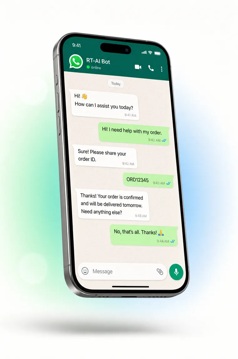 הדמיה של שיחת WhatsApp עם הבוט על מסך טלפון